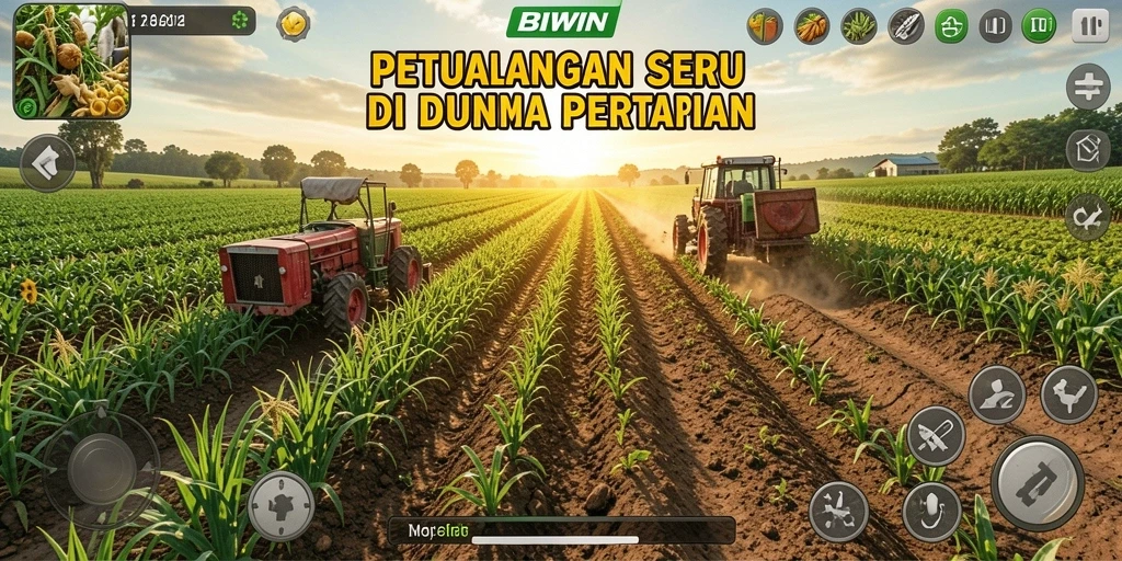 Tampilan screenshot gameplay BIWIN yang menggambarkan lahan pertanian yang subur.