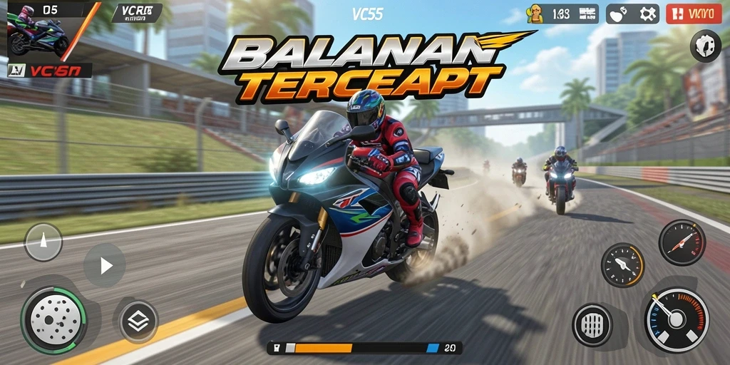 Screenshot gameplay VC55 menampilkan aksi balapan motor yang mendebarkan.